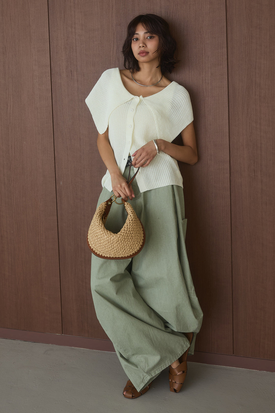 [SET]ビッグカラーボタンニットトップス+ベルト付きカラーデニムパンツ(2set)