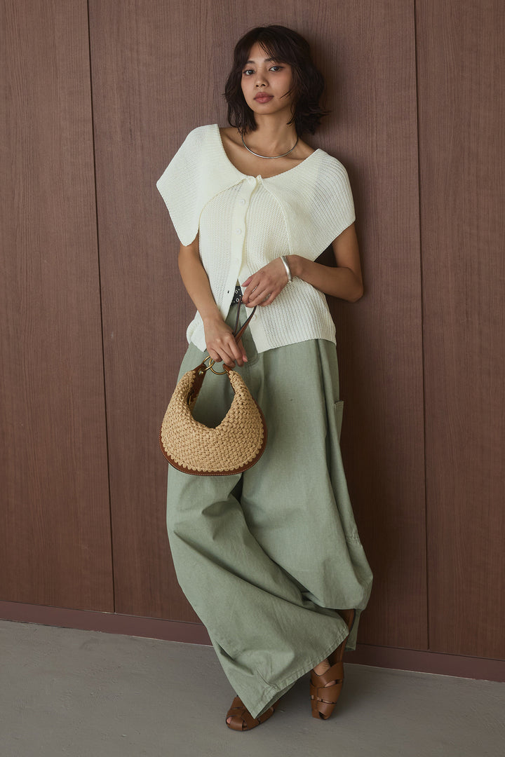 [SET]ビッグカラーボタンニットトップス+ベルト付きカラーデニムパンツ(2set)