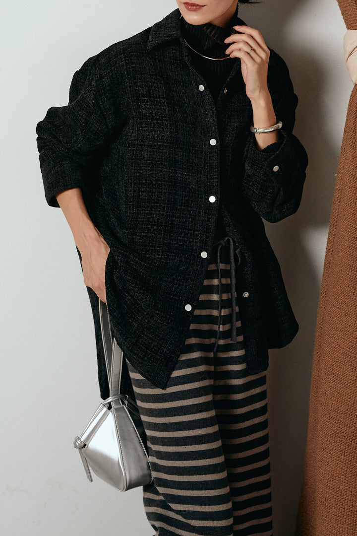 [SET]ルーズクラッシュツイルシャツ+リブニットシームレスタートルプルオーバー+ボーダーリラックスニットパンツ(3set)