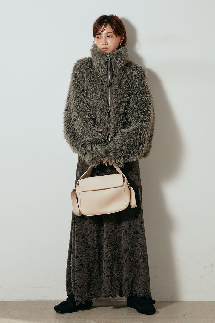 [SET]ミックスシープファースタンドブルゾン+花柄刺繍ベロアフレアスカート(2set)