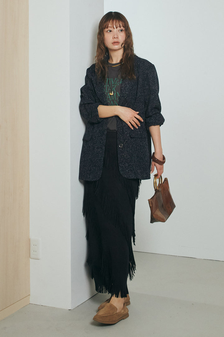 [SET]ミックスツイードベルト付きジャケット+斜めフリンジデザインスカート(2set)