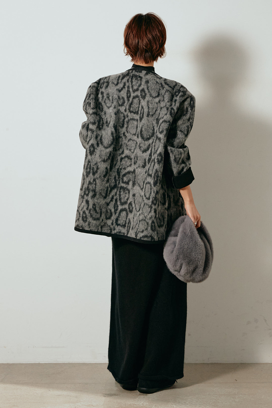 [SET]ノーカラーレオパード柄アウター+ノースリーブニットロングワンピース(2set)