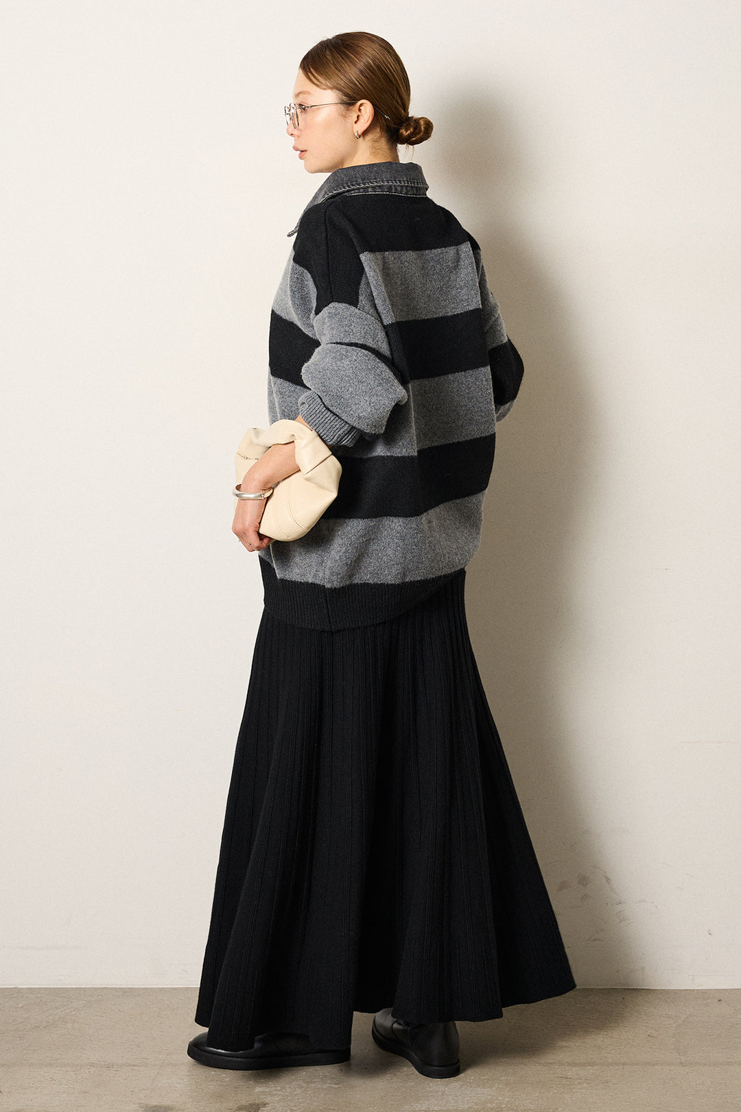 [SET]デニムカラーボーダールーズニット+編み地切り替えフレアニットスカート(2set)