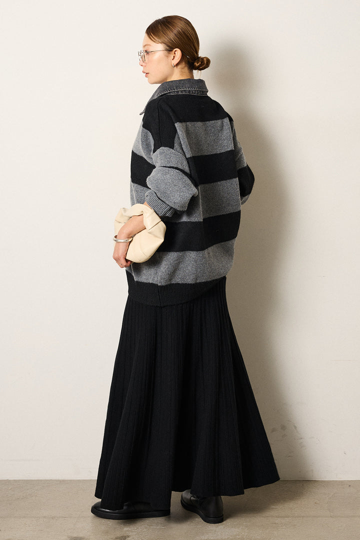 [SET]デニムカラーボーダールーズニット+編み地切り替えフレアニットスカート(2set)