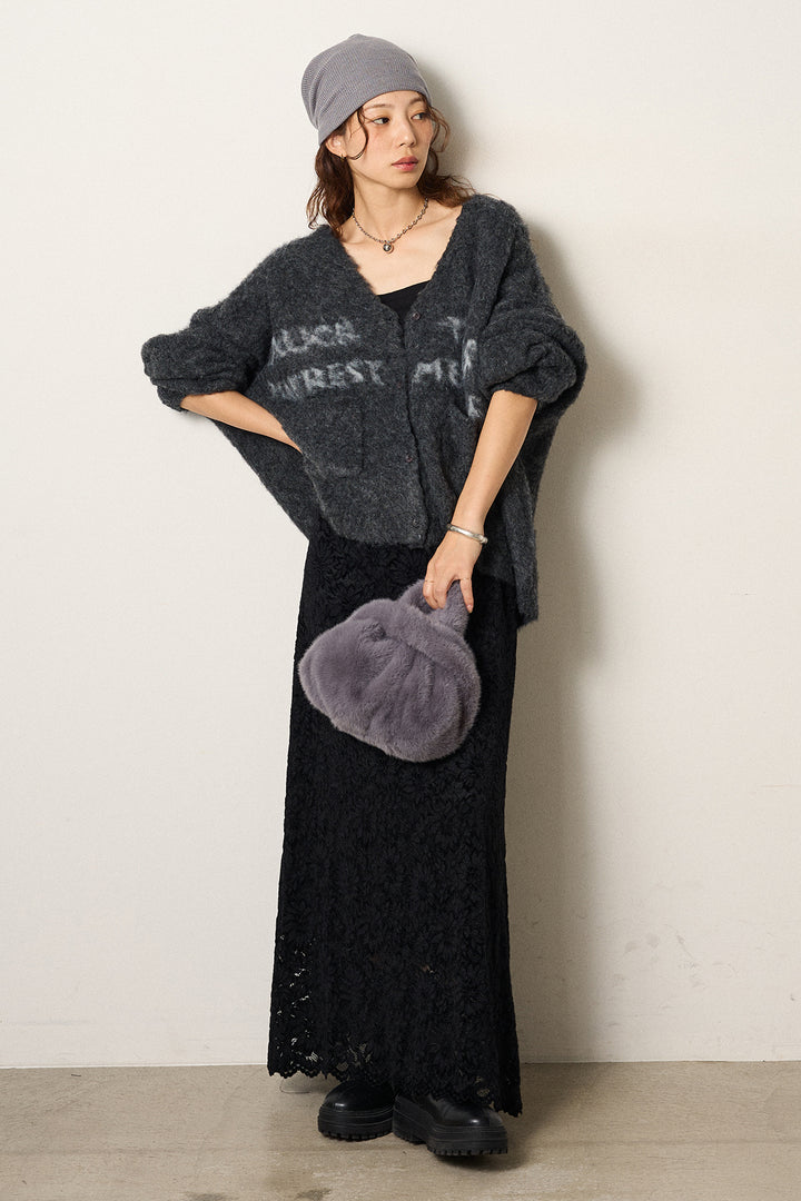 [SET]ウール混透かしロゴニットカーディガン+花柄刺繍ベロアフレアスカート(2set)