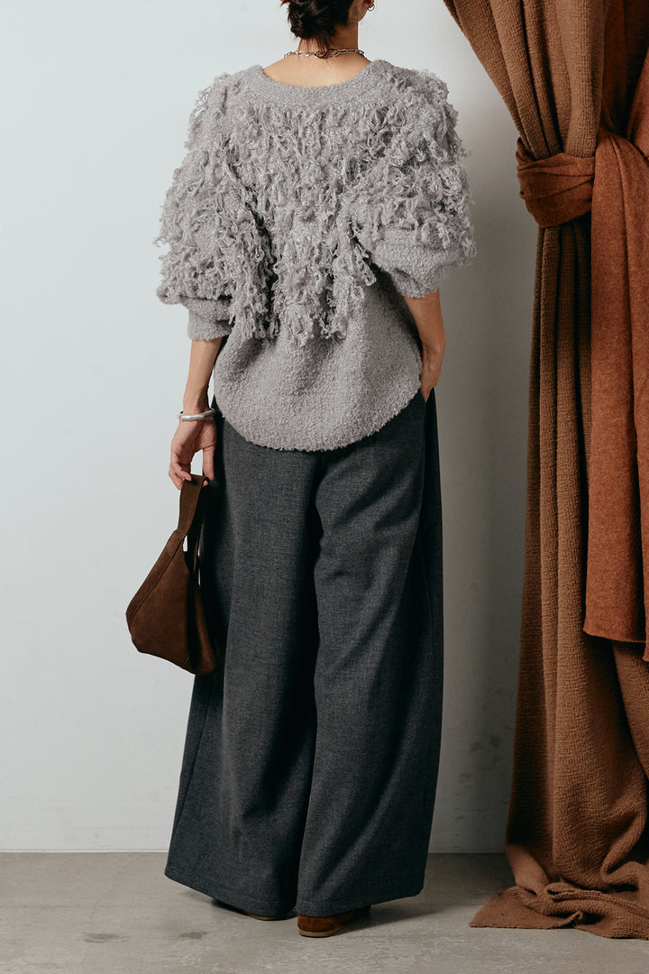 [SET]ループ編みVネックニットカーディガン+ポーチベルト付きカーブパンツ(2set)