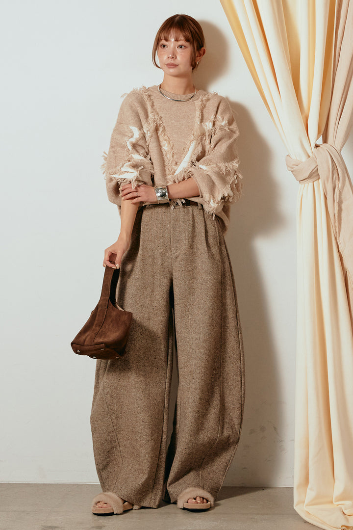 [SET]シャギージャガードニットトップス+ベルト付きネップツイードカーブパンツ(2set)