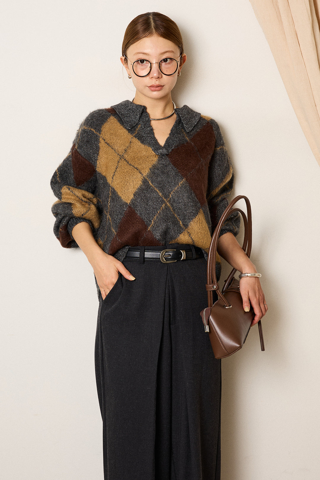 [SET]アクリルモヘアアーガイルキーネックプルオーバー+フロントワイドタックネップ入ワイドパンツ(2set)