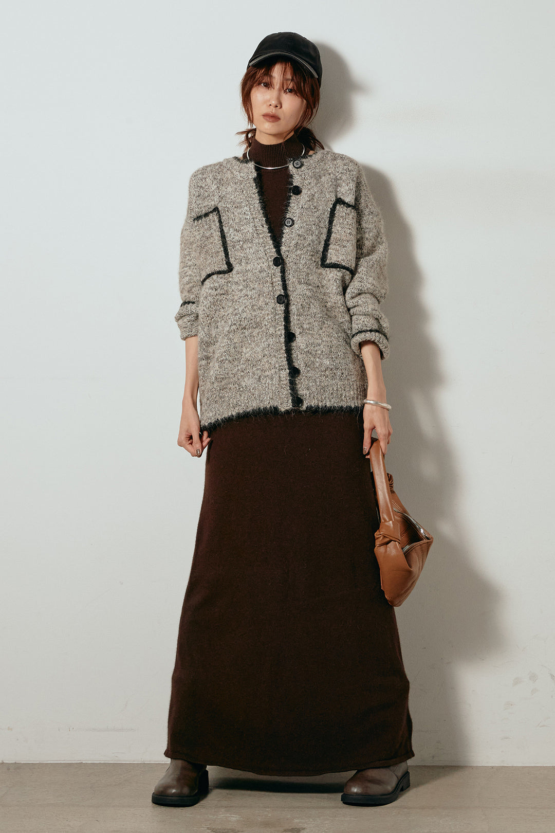 [SET]ミックスニットポケットカーディガン+ノースリーブニットロングワンピース(2set)