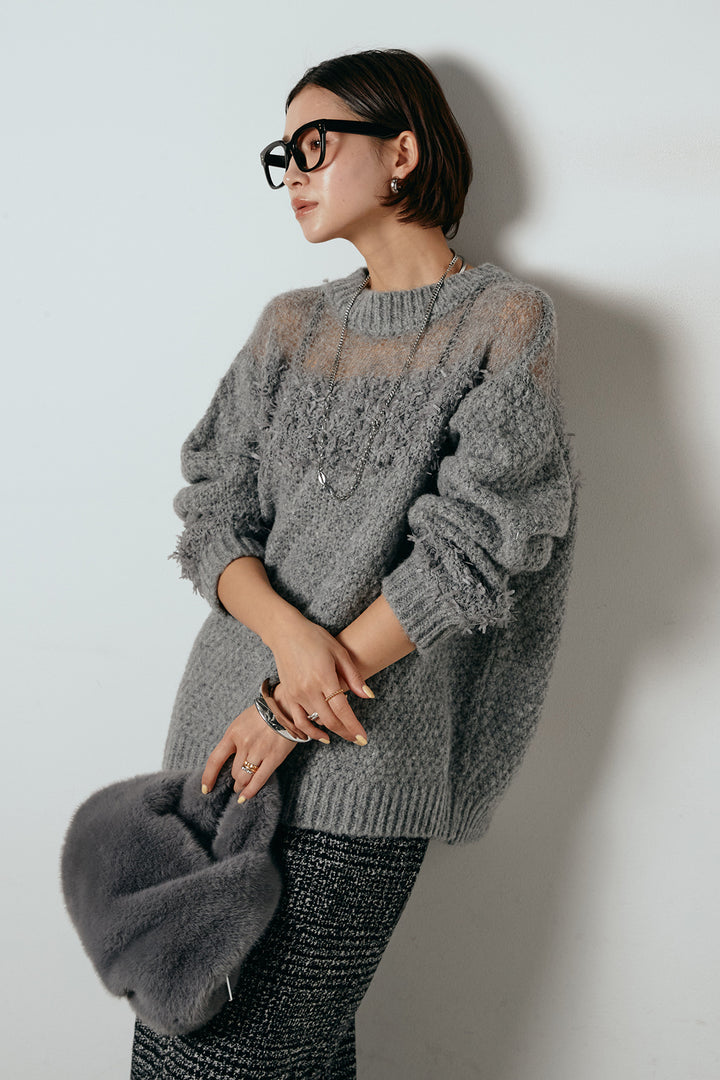 [SET]パターンランダム編みニットトップス+グレンチェック柄フロントジップタイトスカート(2set)