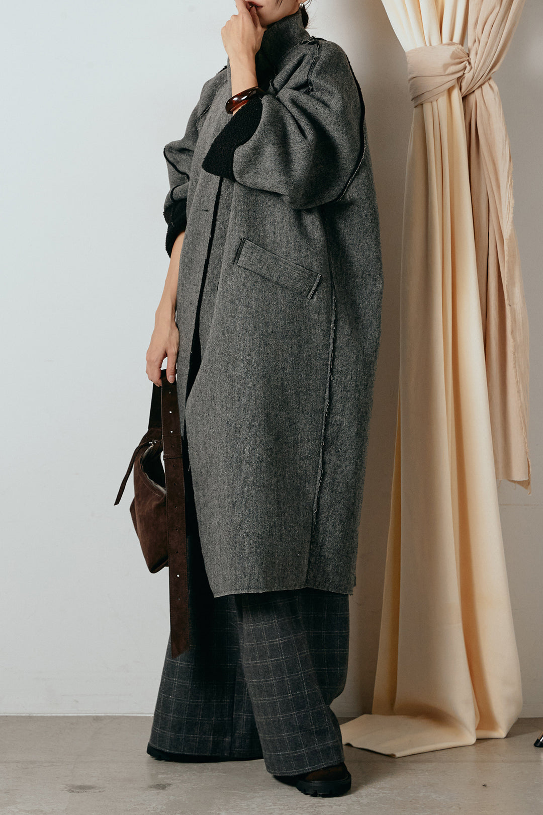 [SET]裏地ボアハイネックロングアウター+ウールライクチェックタックパンツ(2set)
