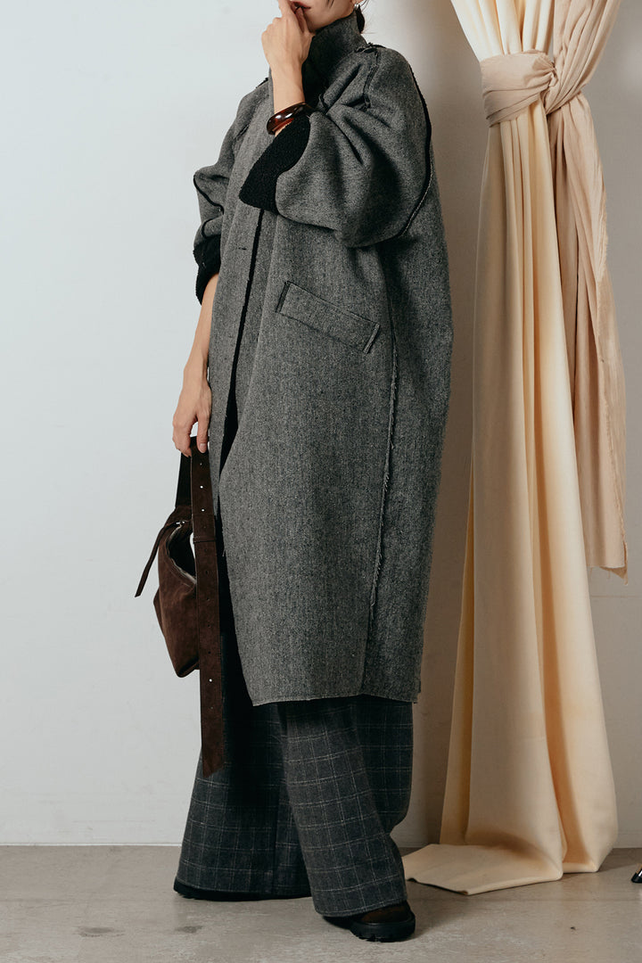 [SET]裏地ボアハイネックロングアウター+ウールライクチェックタックパンツ(2set)