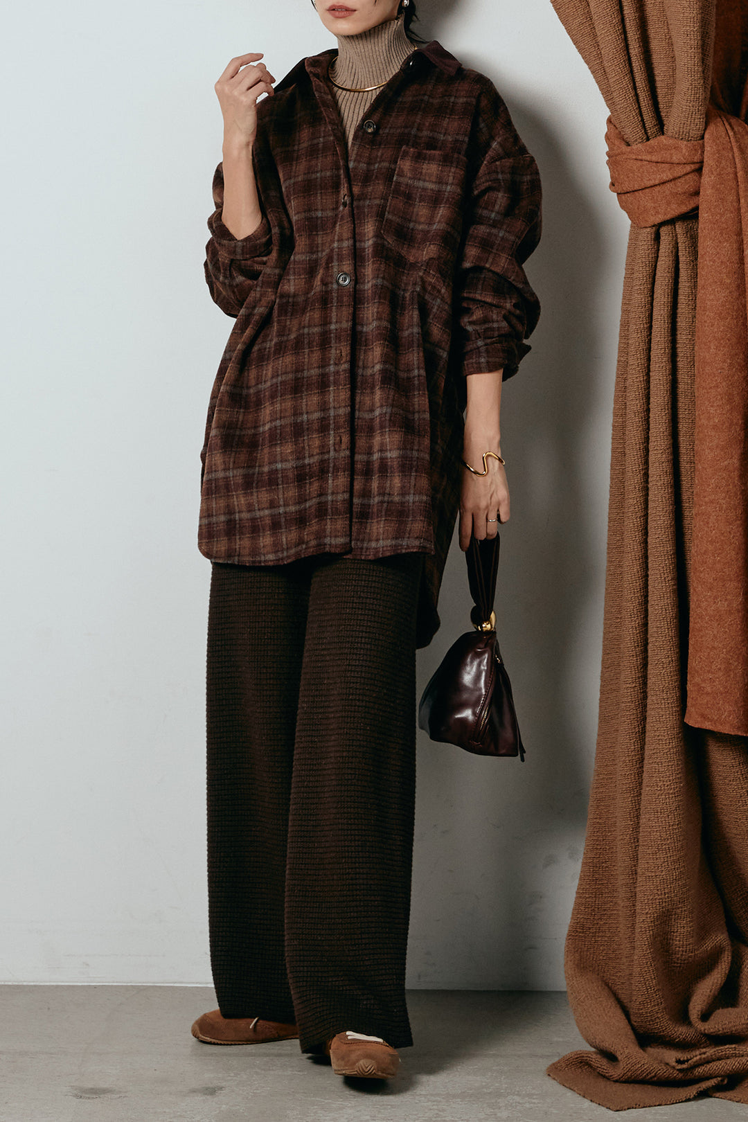 [SET]シャギーチェックシャツジャケット+ワイドリブニットイージーパンツ+リブニットシームレスタートルプルオーバー(3set)