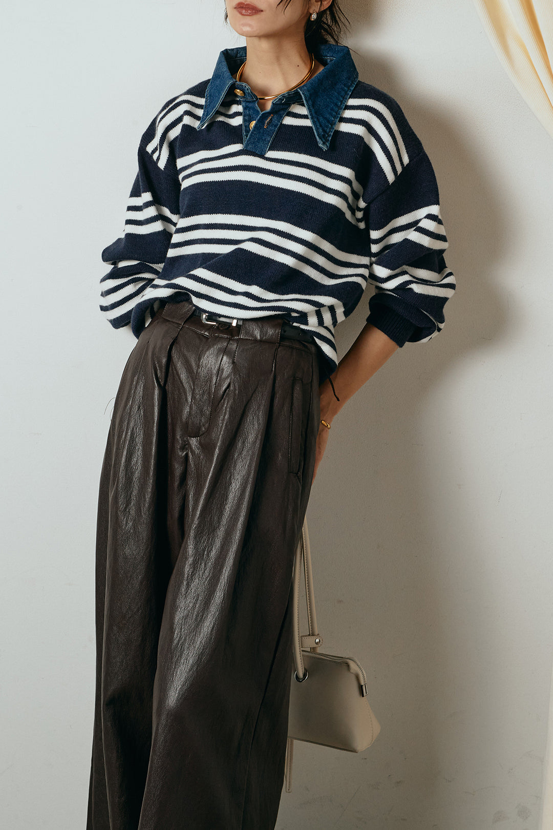 [SET]デニムレイヤード風ランダムボーダーニットプルオーバー+ベルト付きレザーライクタックパンツ(2set)