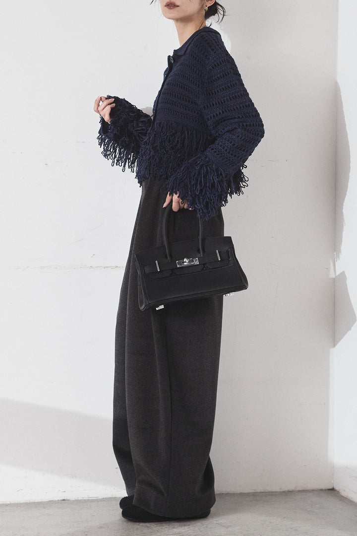 [SET]メッシュフリンジカーディガン+ウールタッチカーブワイドパンツ(2set)