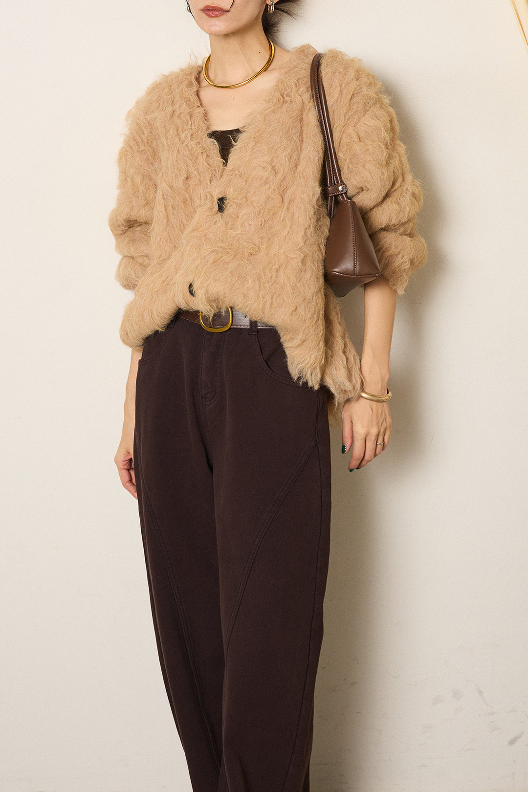 [SET]起毛シャギーニットカーディガン+ベルト付きカジュアルカーブワイドパンツ(2set)