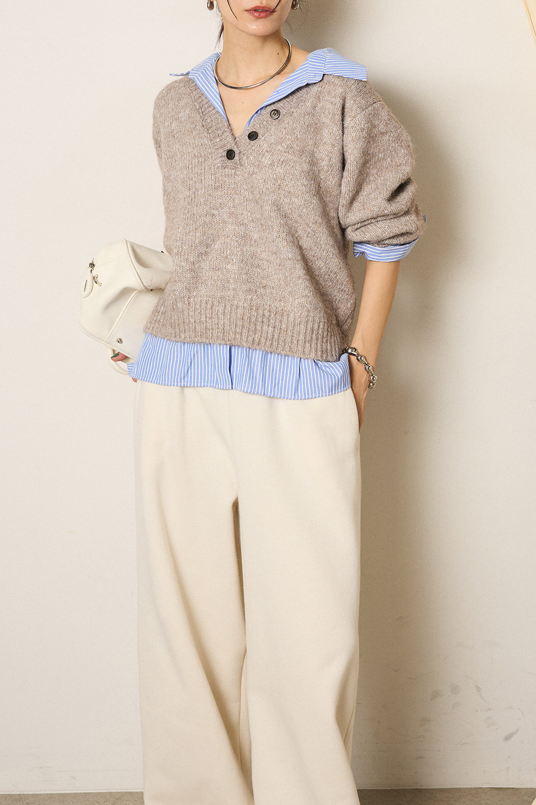 [SET]ストライプシャツドッキングニットポロトップス+裏起毛スウェットワイドパンツ(2set)