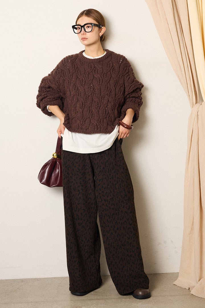 [SET]ケーブルリラックスショートニット+レオパードジャガードニットパンツ(2set)
