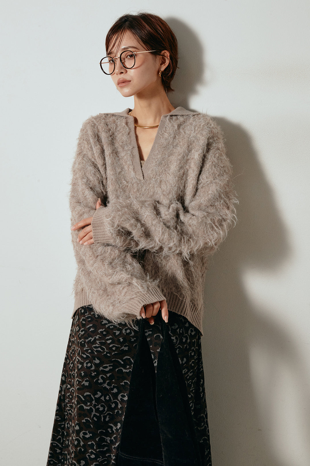 [SET]襟付きシャギーニットポロトップス+レオパードロングスカート(2set)