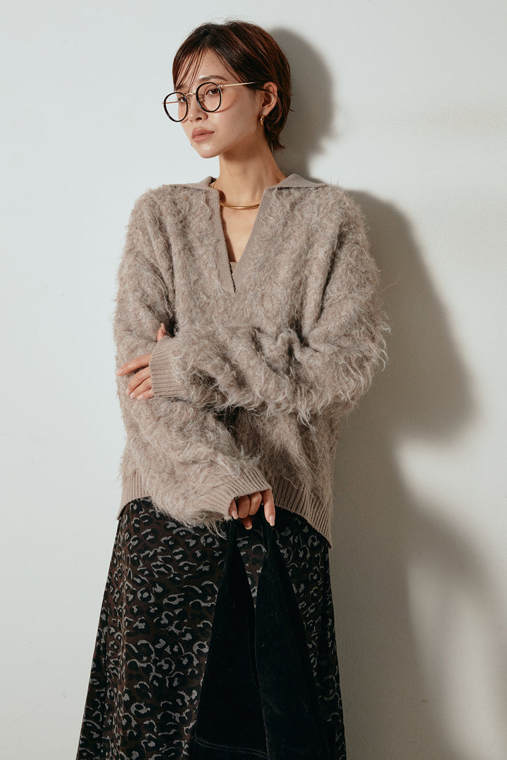 [SET]襟付きシャギーニットポロトップス+レオパードロングスカート(2set)