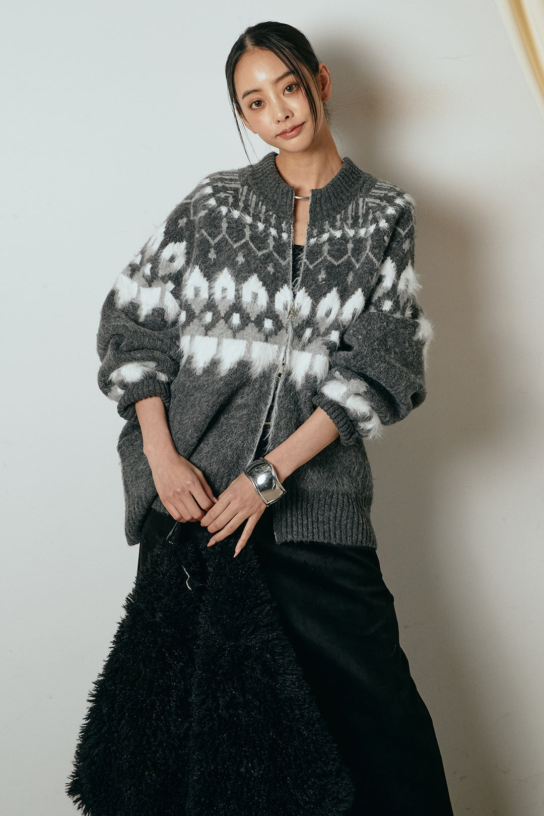 [SET]起毛ダブルジップパターンニットカーディガン+エコスウェードワイドスカート(2set)