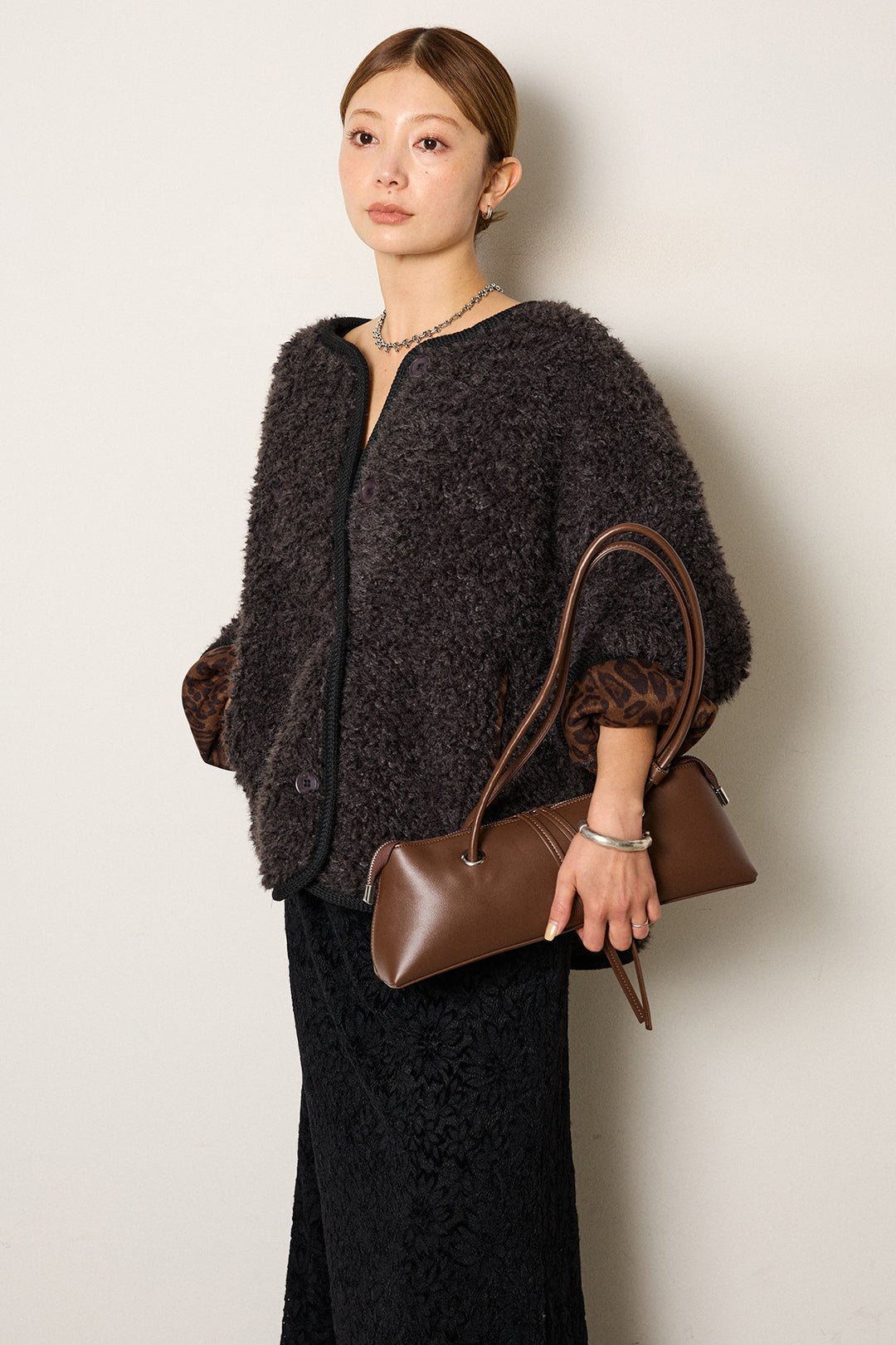 [SET]ノーカラー裏地レオパードボアアウター+花柄刺繍ベロアフレアスカート(2set)