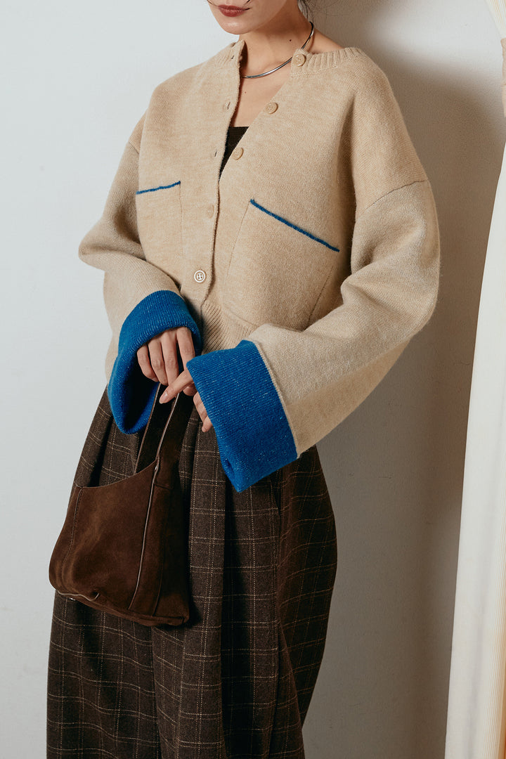 [SET]アルパカタッチダブルフェイスカーディガン+ウールライクチェックタックパンツ(2set)