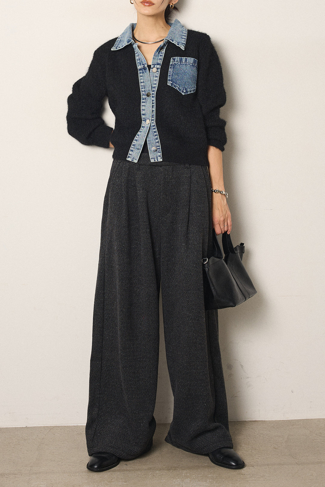 [SET]襟付きデニム切替ニットカーディガン+起毛タック入りツイードワイドパンツ(2set)