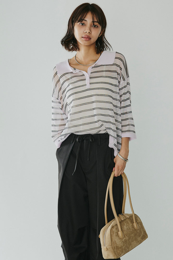 [SET]ボーダーニットポロシャツ+ニーサイドタックウエストドロスパンツ(2set)