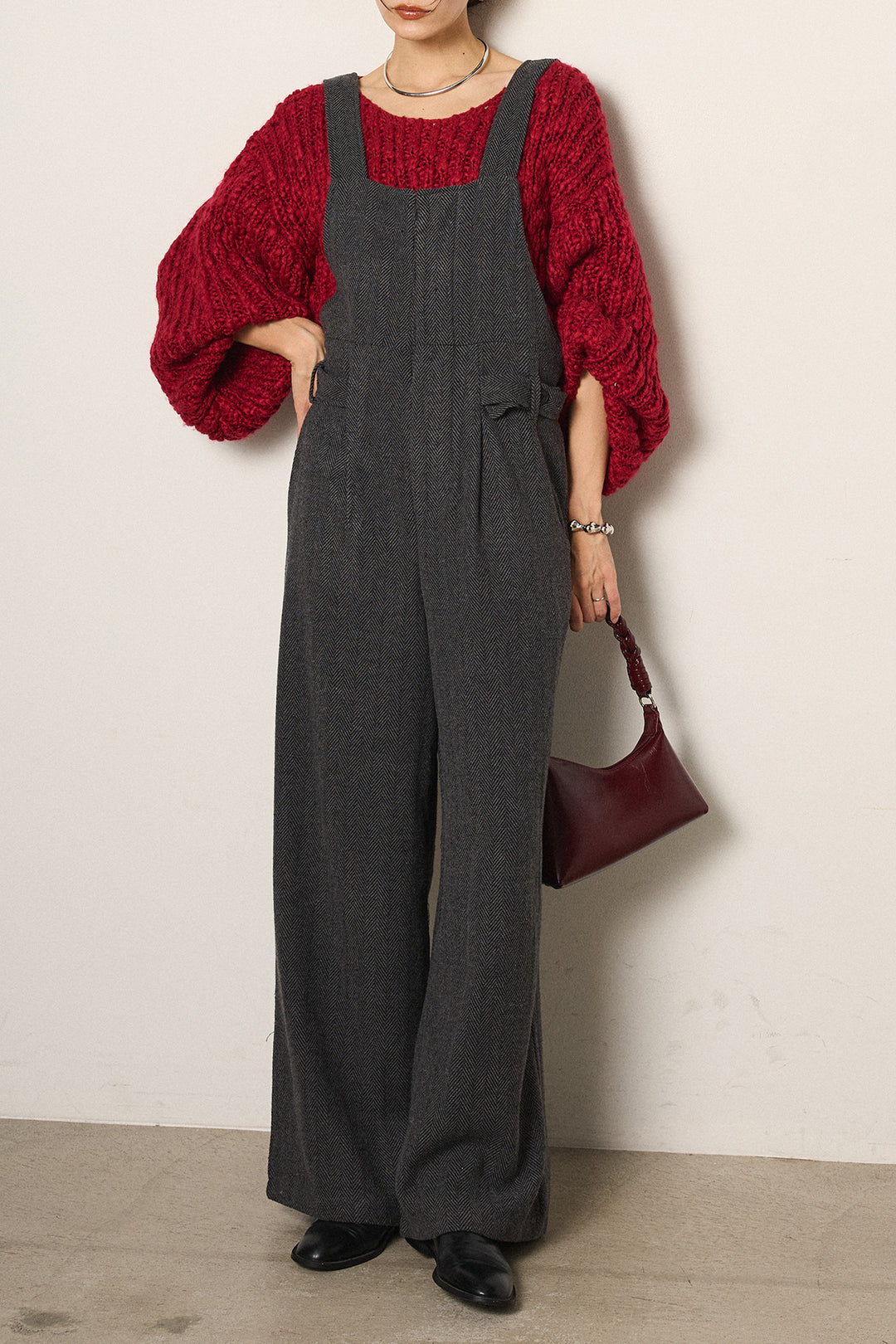 [SET]チャンキースラブニットクロップドプルオーバー+クラシックヘリンボーンサロペット(2set)