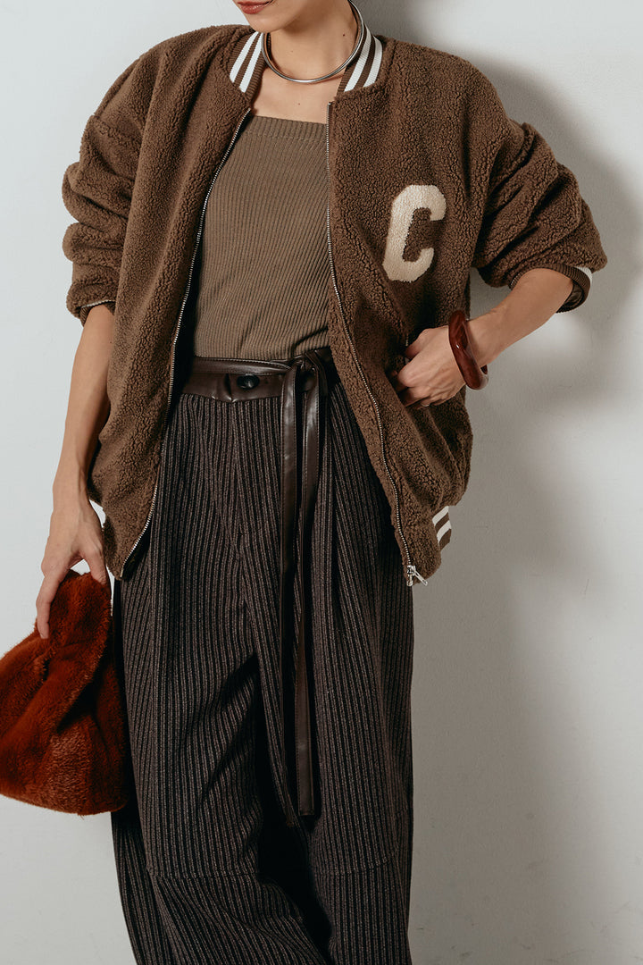 [SET]ロゴスタジャンボアブルゾン+レザーライク配色ストライプパンツ(2set)