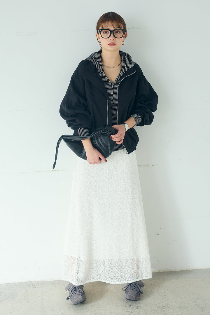 [SET]マルチ切り替えドルマンブルゾン+メッシュ刺繍ロングスカート+ボーダーフーディーロンT(3set)