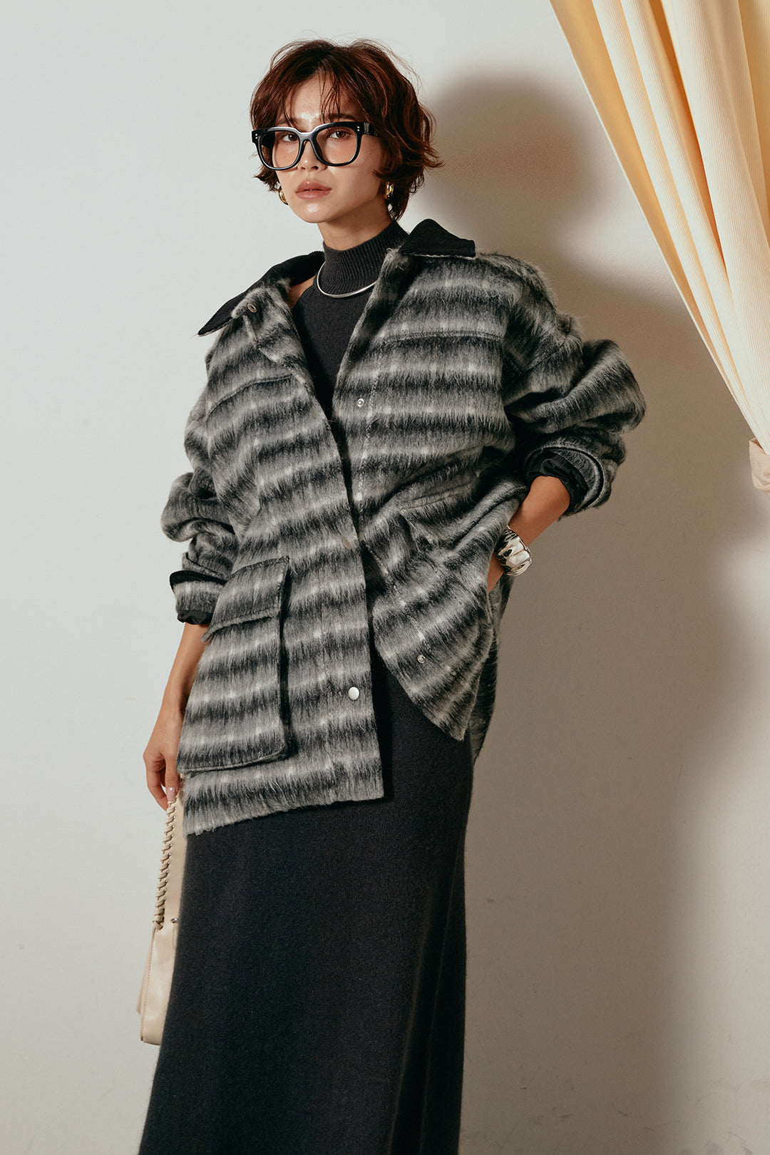 [SET]チェックシャギーミドルカバーオール+ノースリーブニットロングワンピース(2set)