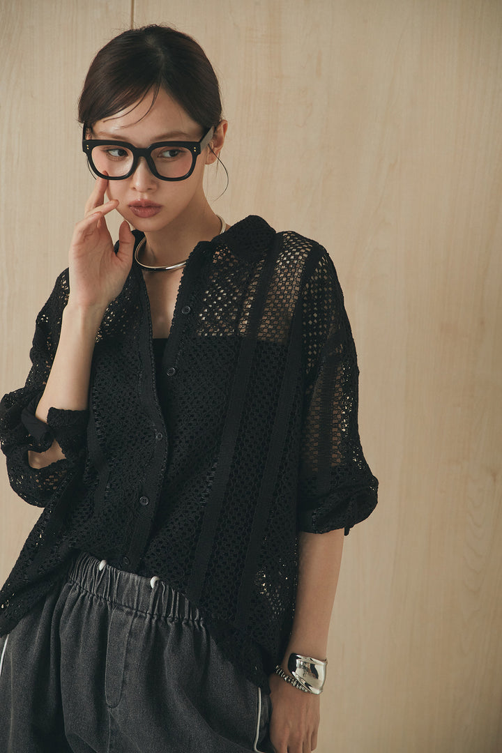 [SET]長袖襟付きレースシャツ+ドロストサイドラインデニムパンツ(2set)