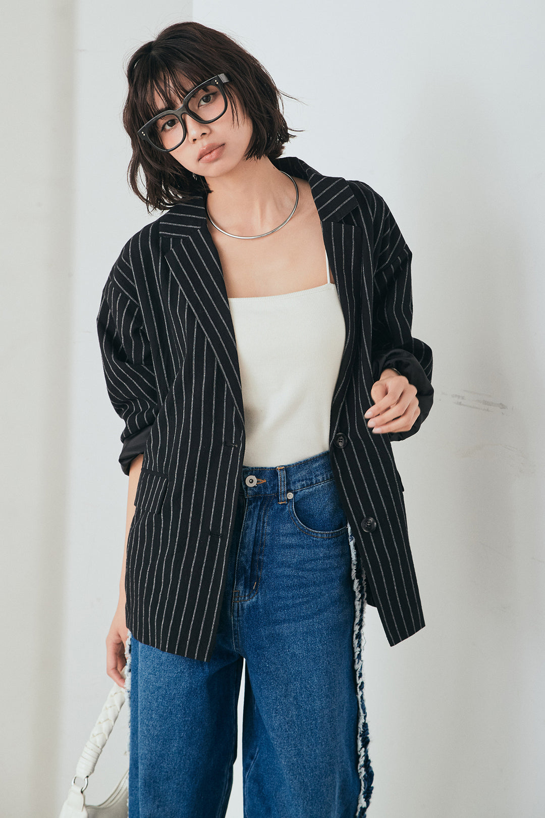 [SET]リネンライクストライプテーラードジャケット+デニムサイドフリルパンツ(2set)