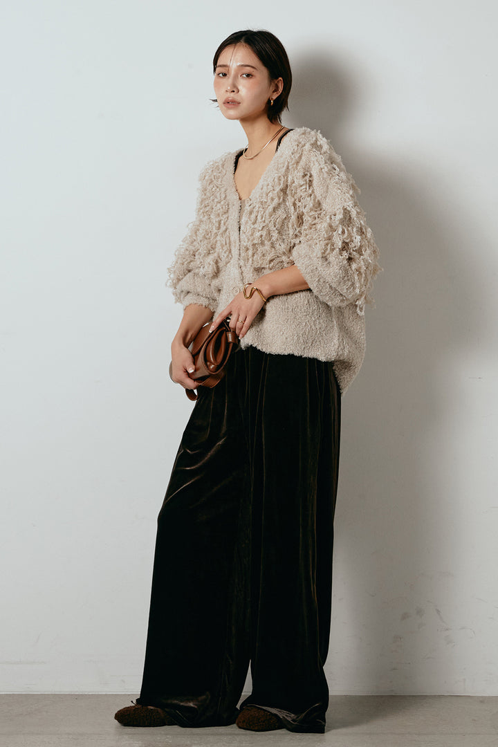 [SET]ループ編みVネックニットカーディガン+ベロアサスペンダー付きパンツ(2set)