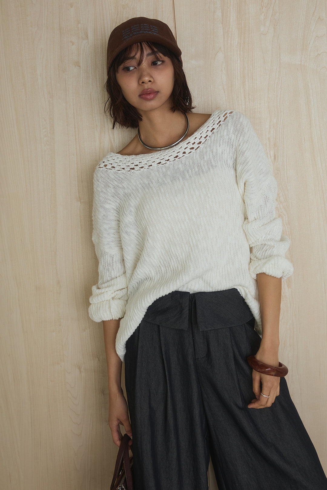 [SET]ネック編みデザインニットトップス+ウエスト折り返しワイドパンツ(2set)