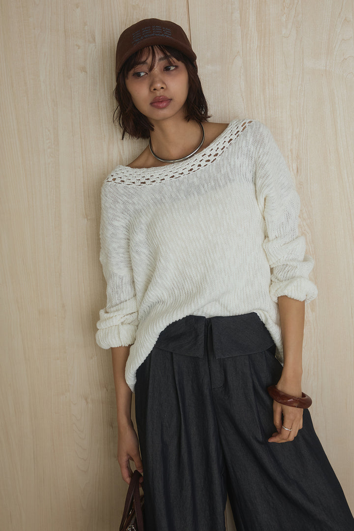 [SET]ネック編みデザインニットトップス+ウエスト折り返しワイドパンツ(2set)