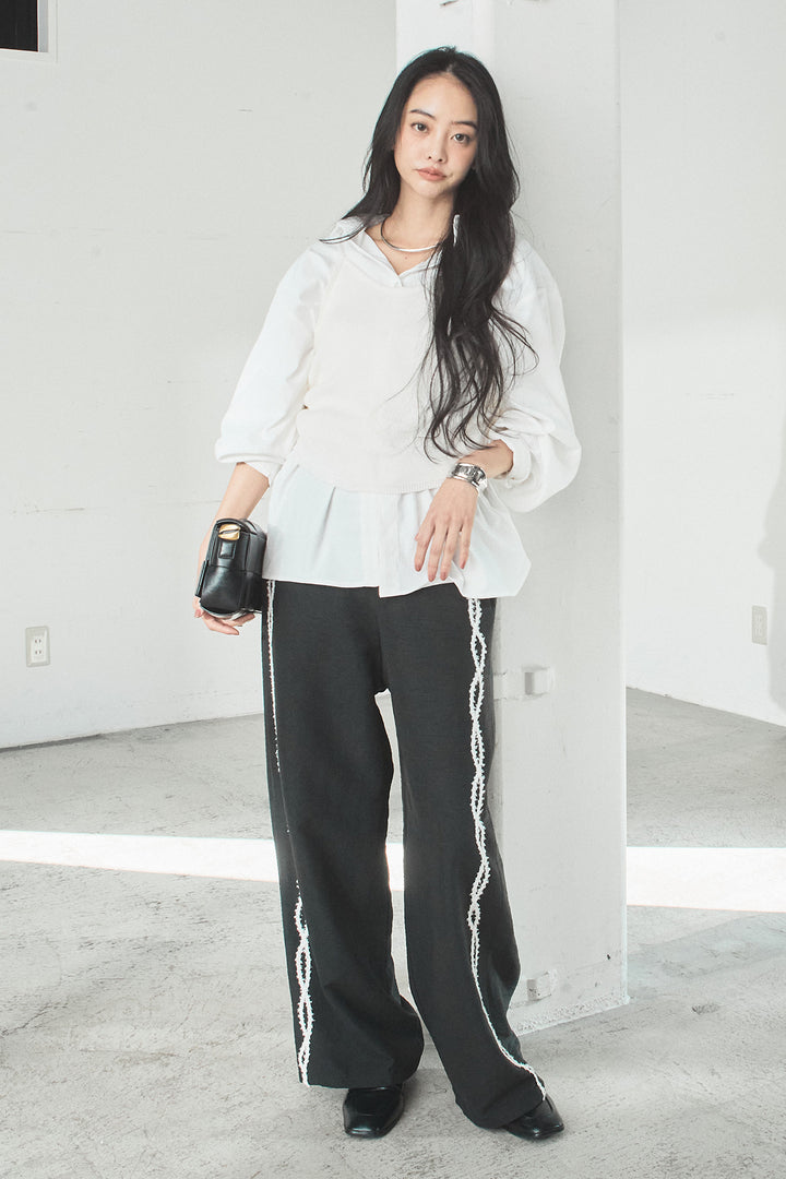 [SET]ニットキャミ付きシャツ+刺繡テープラインパンツ(2set)