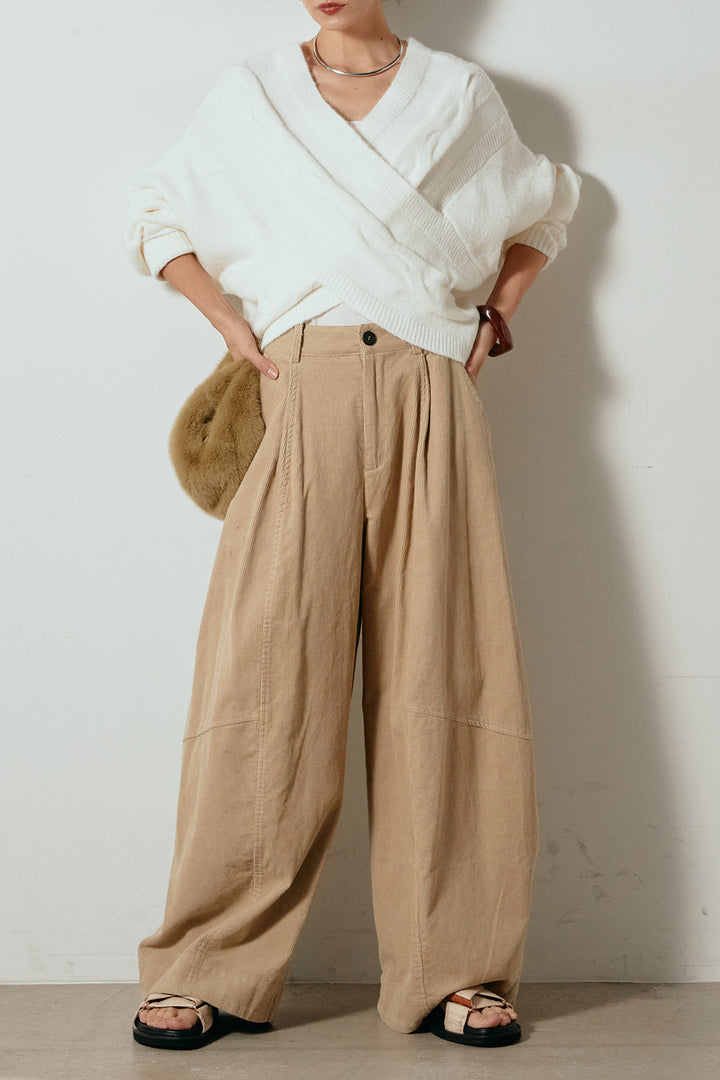 [SET]ケーブルカシュクールニットトップス+タック入りコーデュロイワイドパンツ(2set)