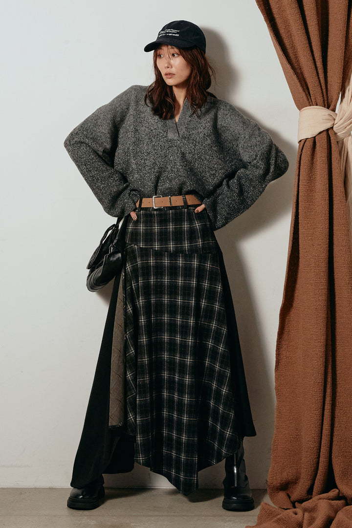 [SET]グラデーションラメニットキーネックプルオーバー+フェイクレザーベルト付き切り替えタータンチェックスカート(2set)