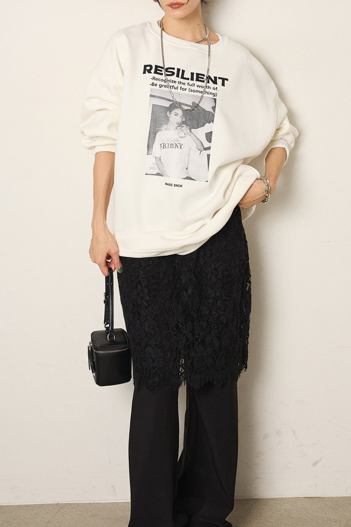 [SET]モノトーンプリントスウェット+レース刺繍レイヤードフレアパンツ(2set)