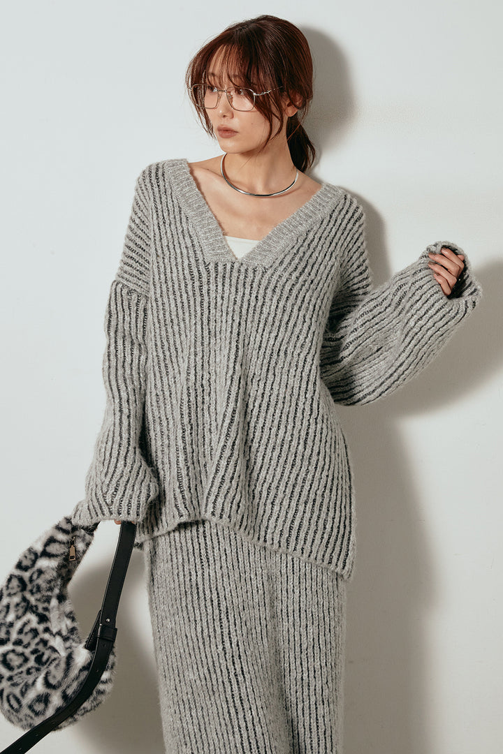 [SET]アルパカタッチ深Vニットトップス+アルパカタッチニットタイトスカート(2set)