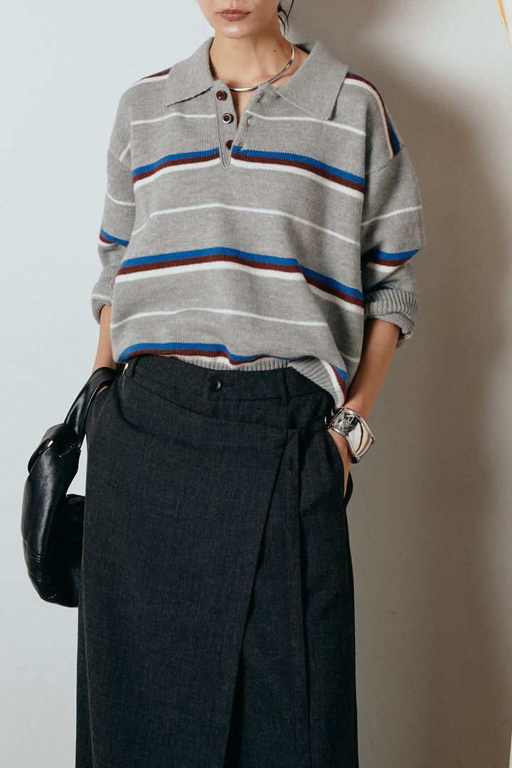 [SET]襟付きマルチボーダーニットポロトップス+ラップ巻きワイドスラックス(2set)