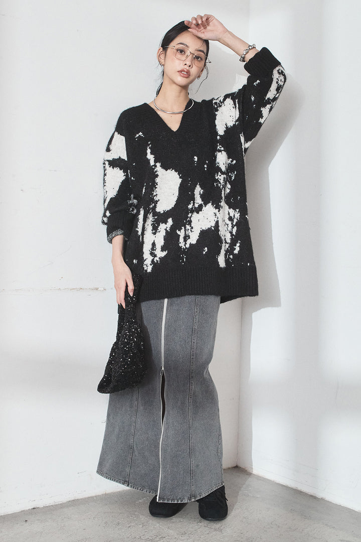 [SET]アブストラクト柄ニットプルオーバー+フロントジップデニムスカート(2set)