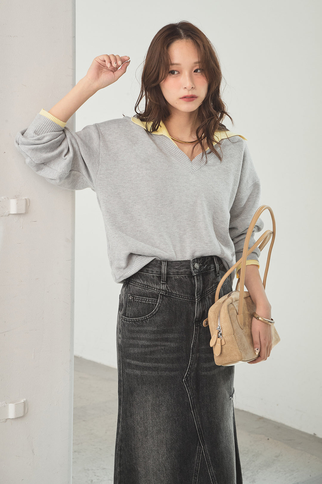 [SET]バイカラーニットレイヤード風プルオーバー+Aラインデニムスカート(2set)