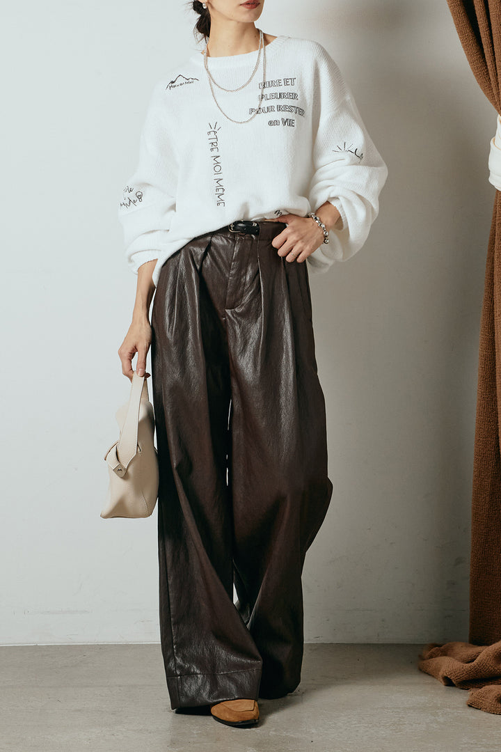 [SET]刺繍ロゴランダムデザインニットトップス+ベルト付きレザーライクタックパンツ(2set)