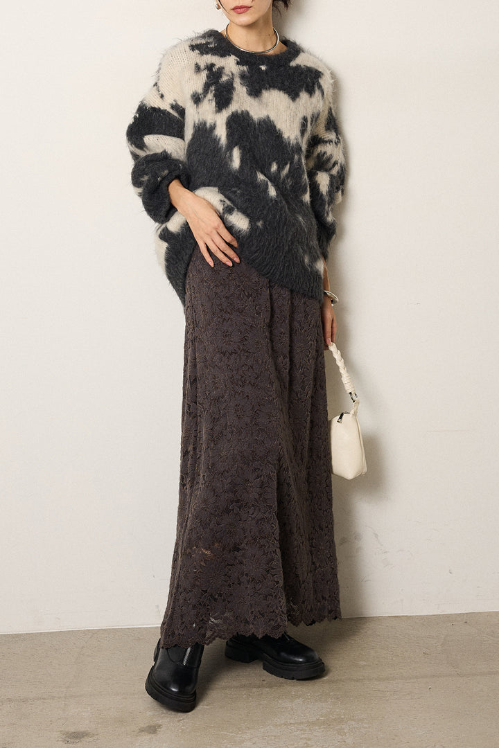 [SET]モヘアタッチマーブルニット+花柄刺繍ベロアフレアスカート(2set)