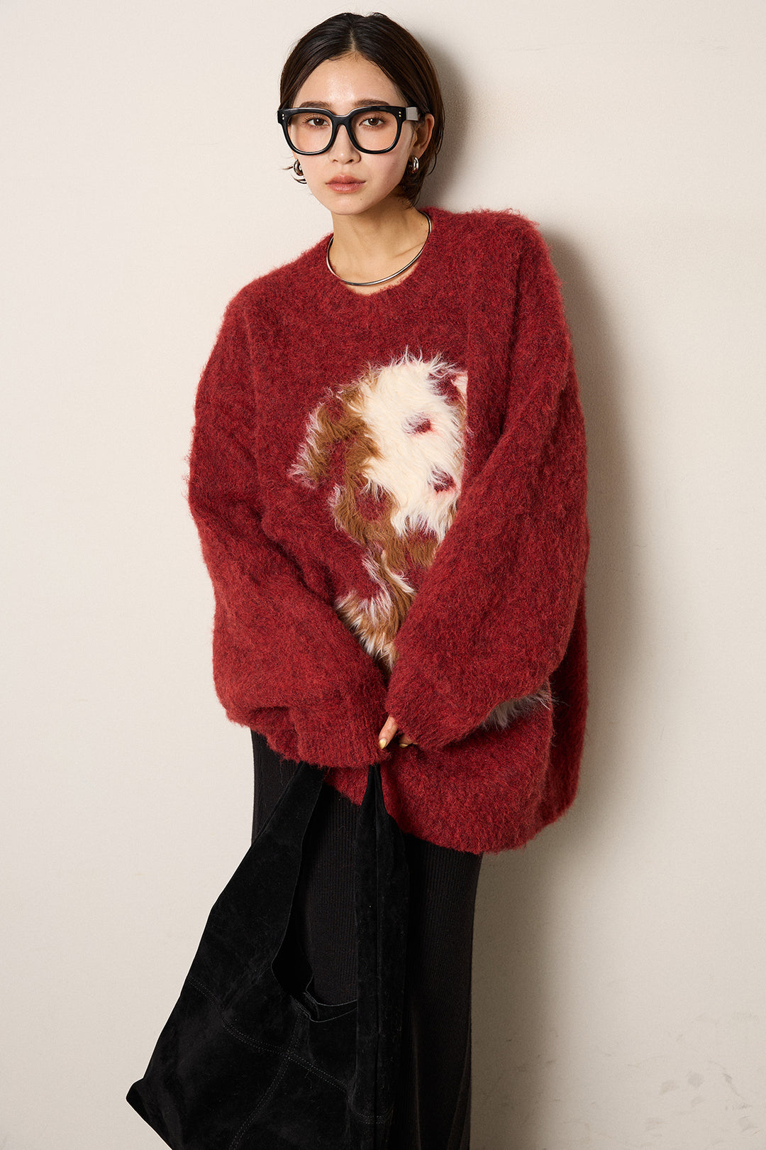 [SET]シャギーニュアンスアニマルニット+リブナローニットスカート(2set)