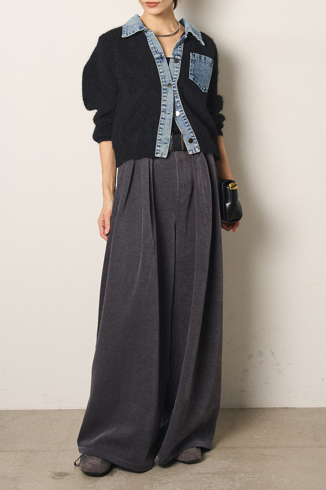 [SET]襟付きデニム切替ニットカーディガン+ベルトループコーデュロイワイドパンツ(2set)
